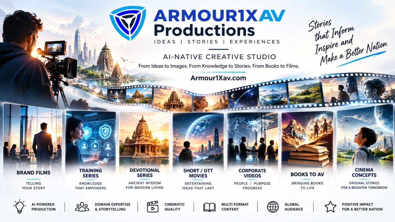 Armour1XAV Productions — AI-native creative studio: brand films, training series, devotional series, short and OTT movies, corporate videos, books to AV and cinema concepts.